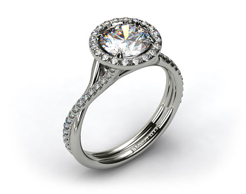 14k White Gold Pave Halo and Twisted Shank Solitaire